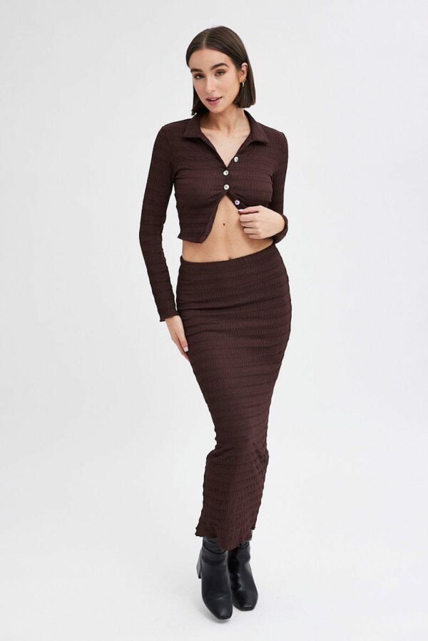 Brown Crop Shirt Long Sleeve Collar Textured - Image 2