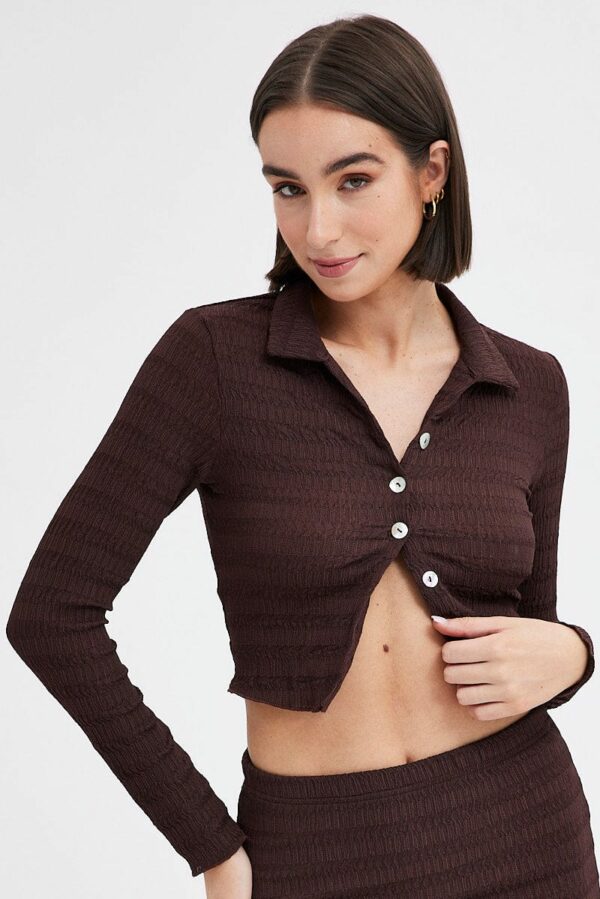 Brown Crop Shirt Long Sleeve Collar Textured - Image 3