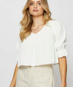 White Crop Blouse Short Sleeve Round Neck