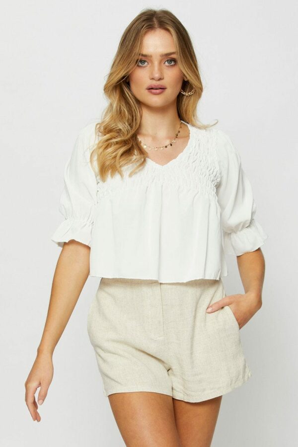 White Crop Blouse Short Sleeve Round Neck - Image 3