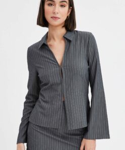 Grey Stripe Shirt Long Sleeve Collared Hook & Eye
