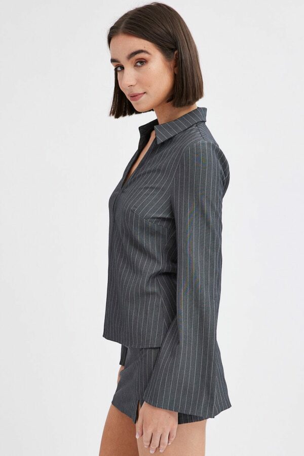 Grey Stripe Shirt Long Sleeve Collared Hook & Eye - Image 4